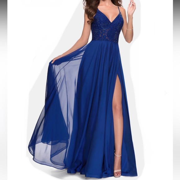 La Femme Marine Blue Sparkle Chiffon Sheer Floral Lace Bodice Gown NWT - Reemoly